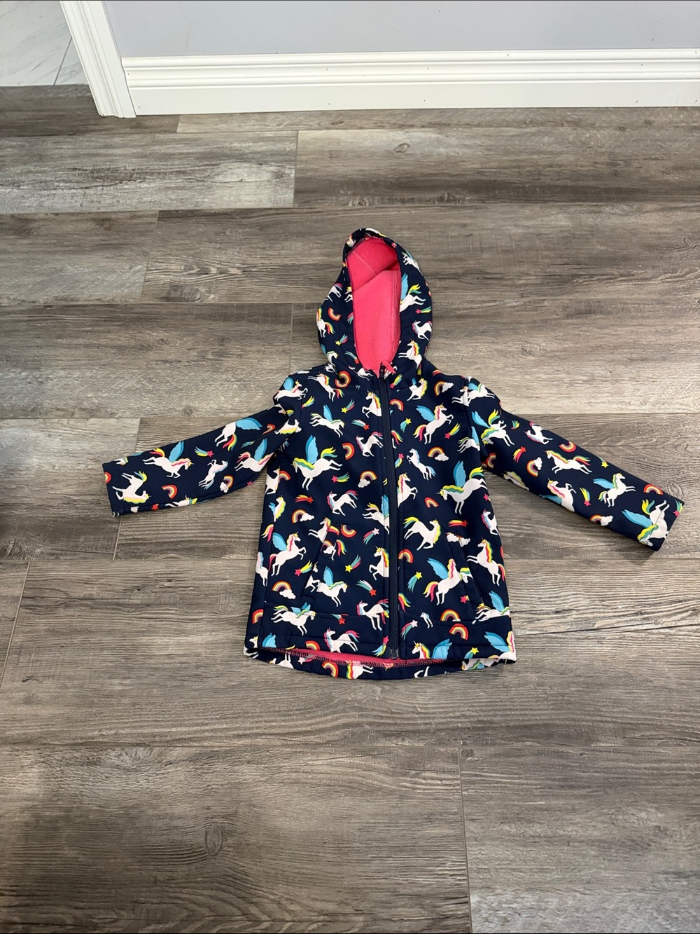 Mountain Warehouse Unicorn Print Hooded Rain Jacket - Navy with Pink Lining